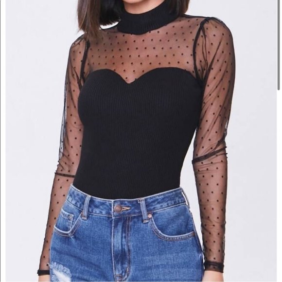 NWT Almost Famous Sheer Mesh Long Sleeve Swiss Dot Mock Neck Ribbed Body Size S - Picture 1 of 8